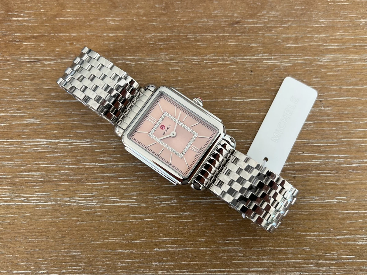 NEW MICHELE DECO II DESERT ROSE PINK DIAMOND DIAL STEEL WATCH 