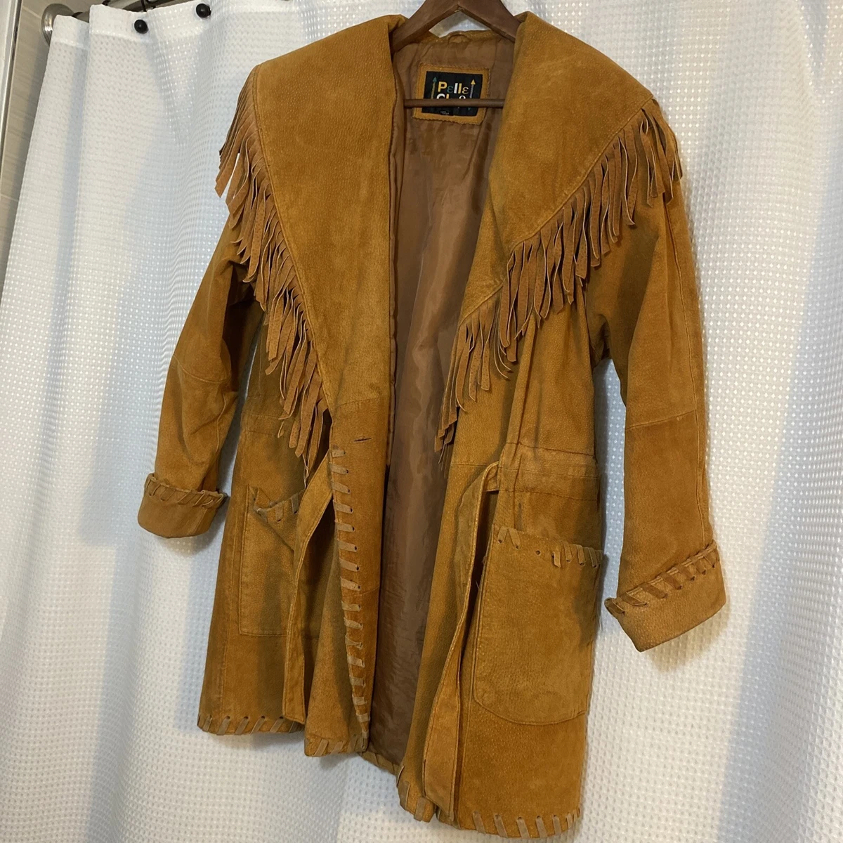 Vintage Boho Women s Pelle Club Leather Jacket w h Fringe Ties in Front