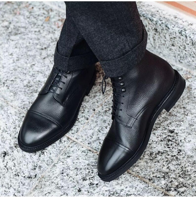 's Black Leather Oxford Toe-cap Lace Up High Ankle Formal Bo