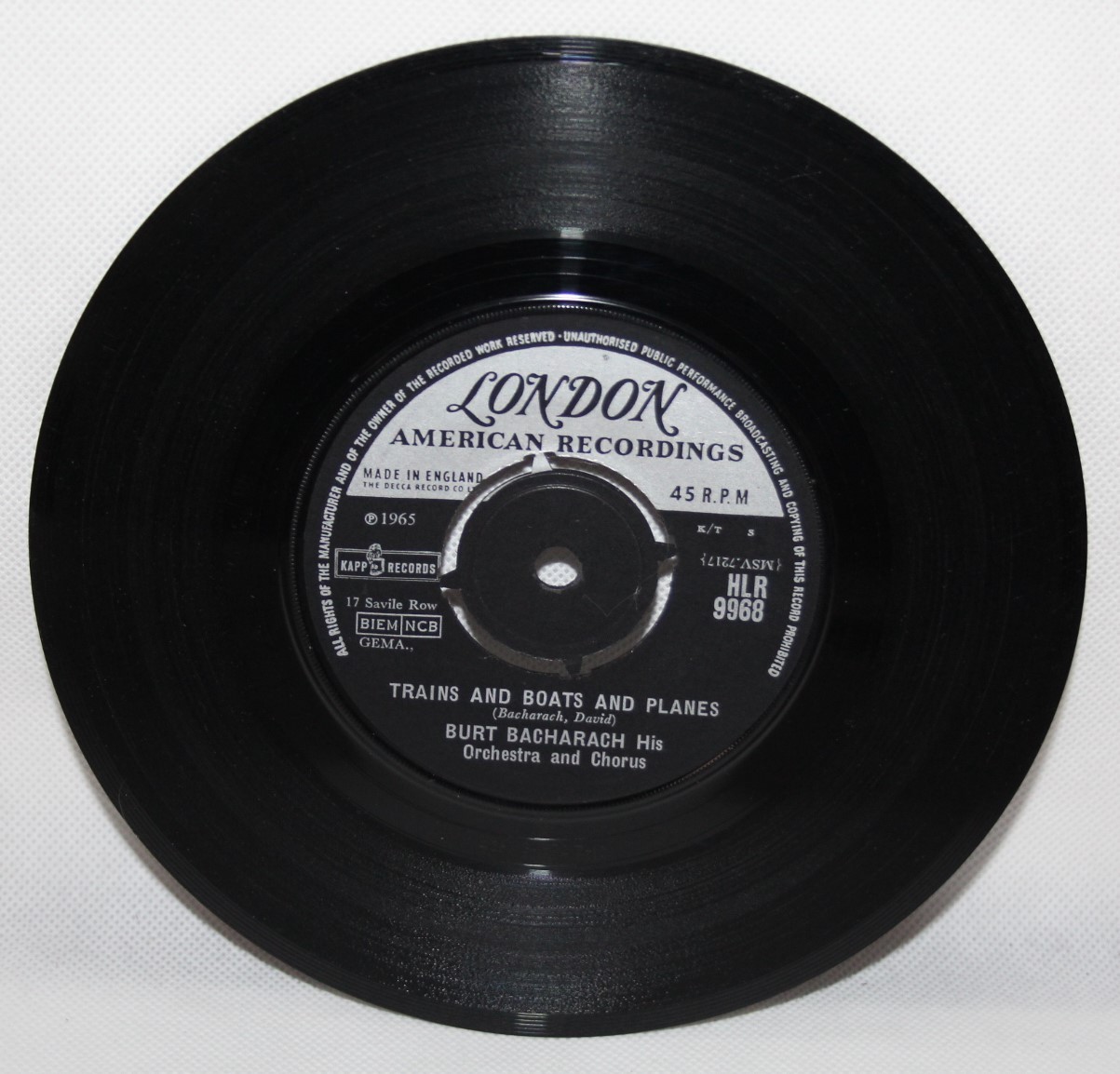 7" Single Burt Bacharach Trains and Boats and Planes London