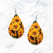 Colorful Sunflower Print Teardrop Dangle Earrings PU Leather Jewelry Party Women