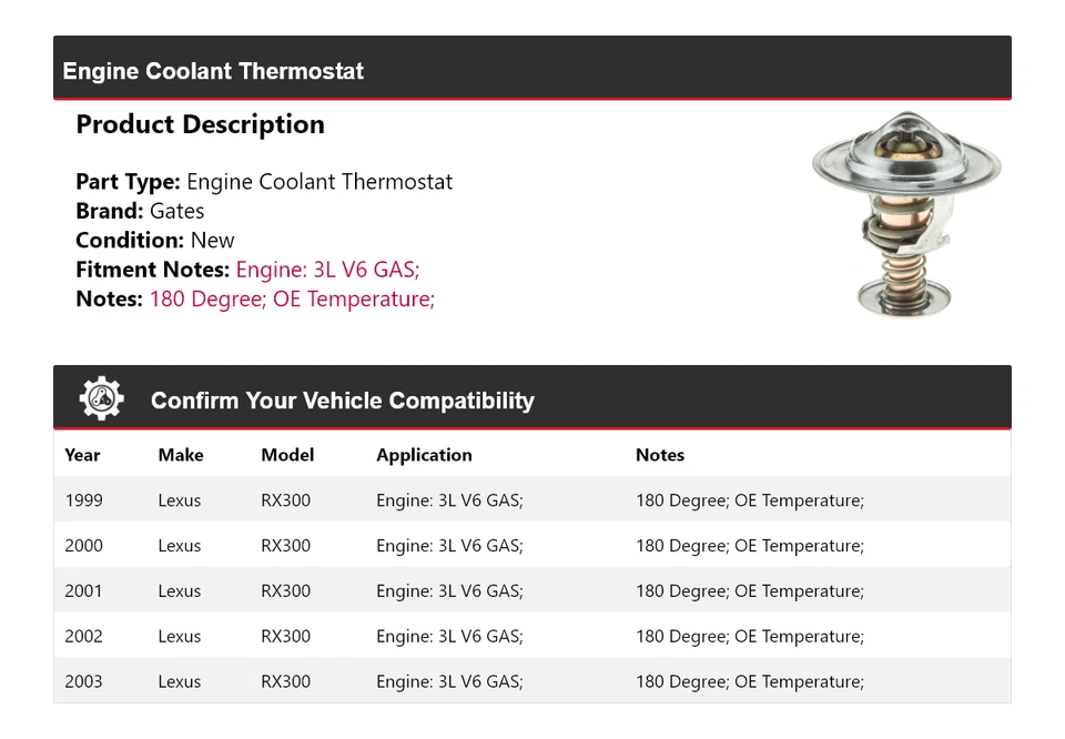 Para 1999-2003 Lexus RX300 3L V6 Motor Gas Refrigerante Termostato Puertas 2000 2001 Foto 2 de 4