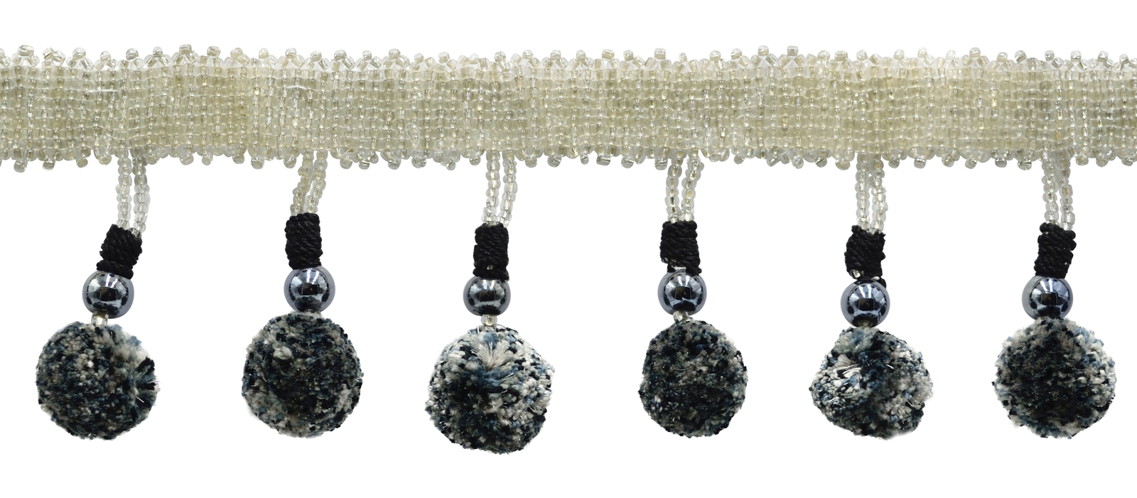 Beaded Tassel Fringe Trim with Pompom Ball, Color# VL10 [Sold By The Yard]
