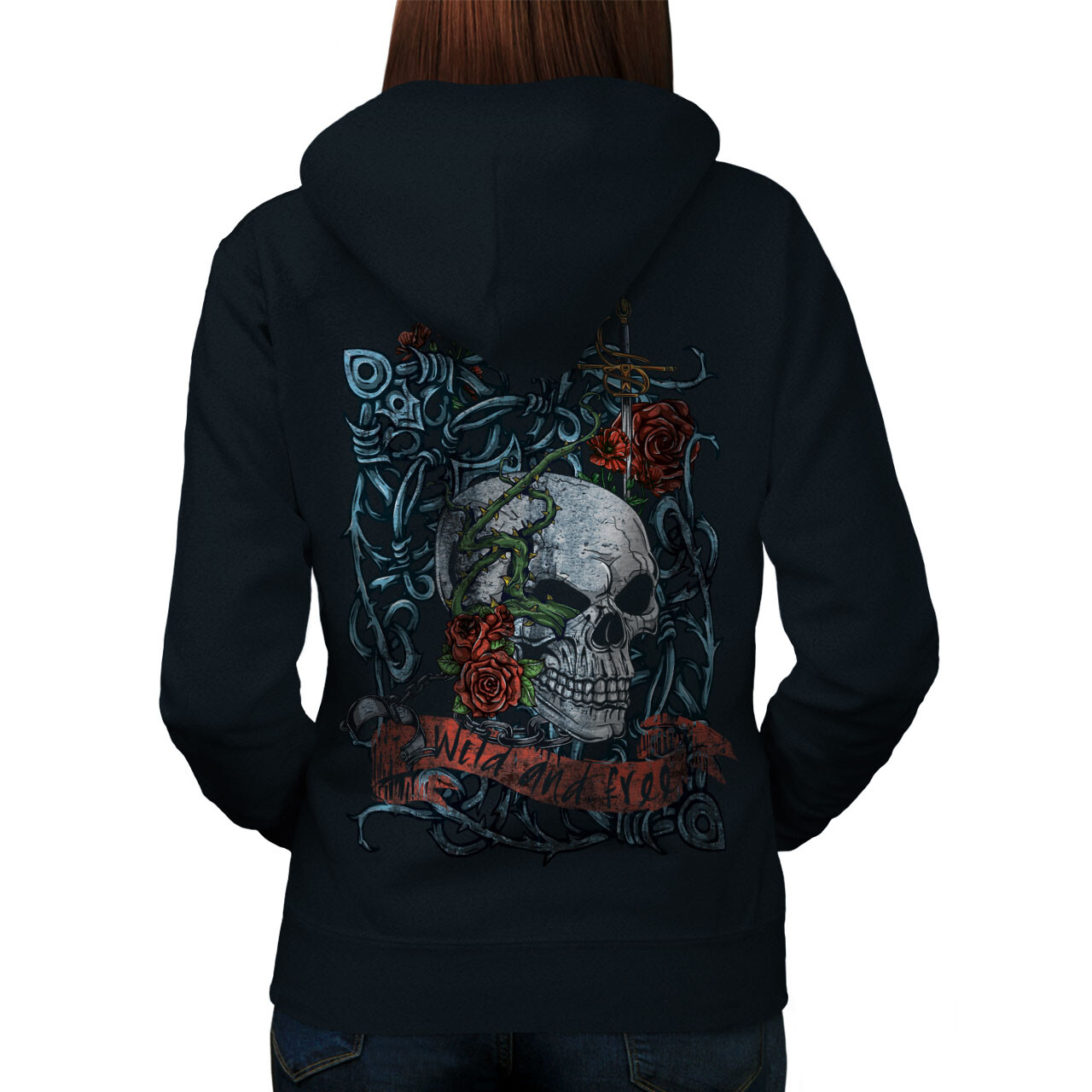 Wellcoda Rose Skeleton Death Warrior Womens Hoodie Back