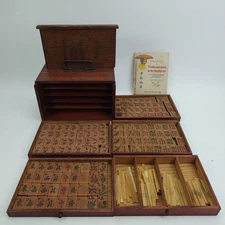 Antique 1923 Piroxloid Mahjong 5 Drawer Wood Box Set with 144 Tiles, Instruction