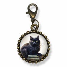 Book Stack Black Cat Clip On Bronze Charm Handmade Cat Reading Book Lover Gift