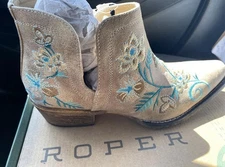 Roper Booties Ladies Teal Floral Design Tan Base Color