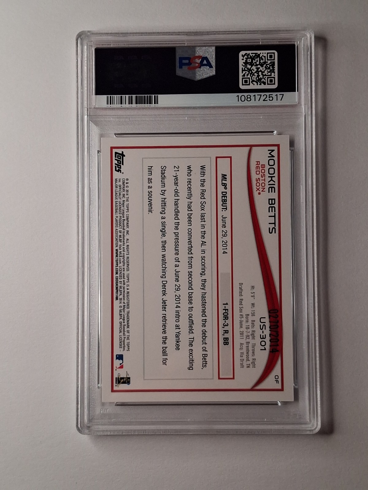 2014 Topps Update Mookie Betts Rookie Debut Gold /2014 PSA 8 #US-301 view 2