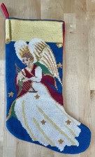 LOVELY NEEDLEPOINT ANGEL CHRISTMAS STOCKING BLUE RED GREEN GOLD 1