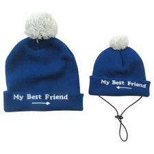 Matching Parent & Child Winter Beanie Hats Set Blue Pom Pom Knit My Best Friend