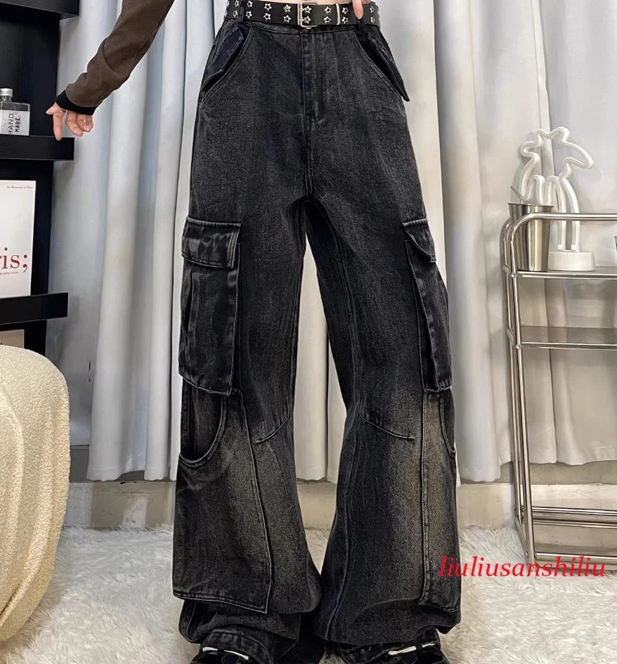 Women's Black Denim Jeans Straight Leg Casual Pants Multi Cargo Pockets Trousers