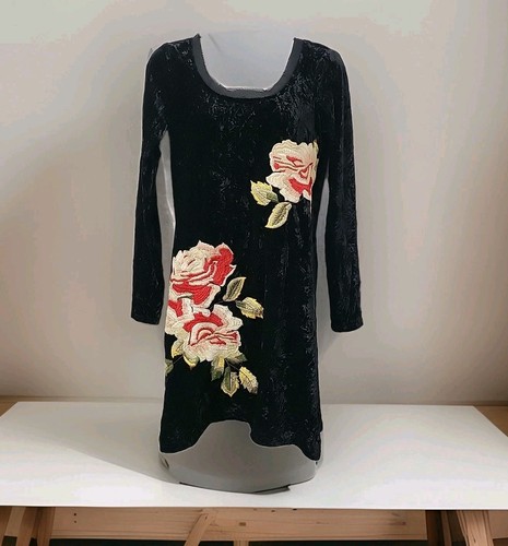Anthropologie Uncle Frank Kleid Small Crushed Velvet Schwarz Stickerei Rose 90er - Bild 1 von 14