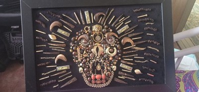 Framed Mixed Media Collage Art Face OOAK 3D Contemporary Vintage Jewelry Beads