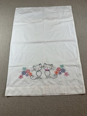 Handmade Embroidered Cat Pillowcase With Flowers Kitty 