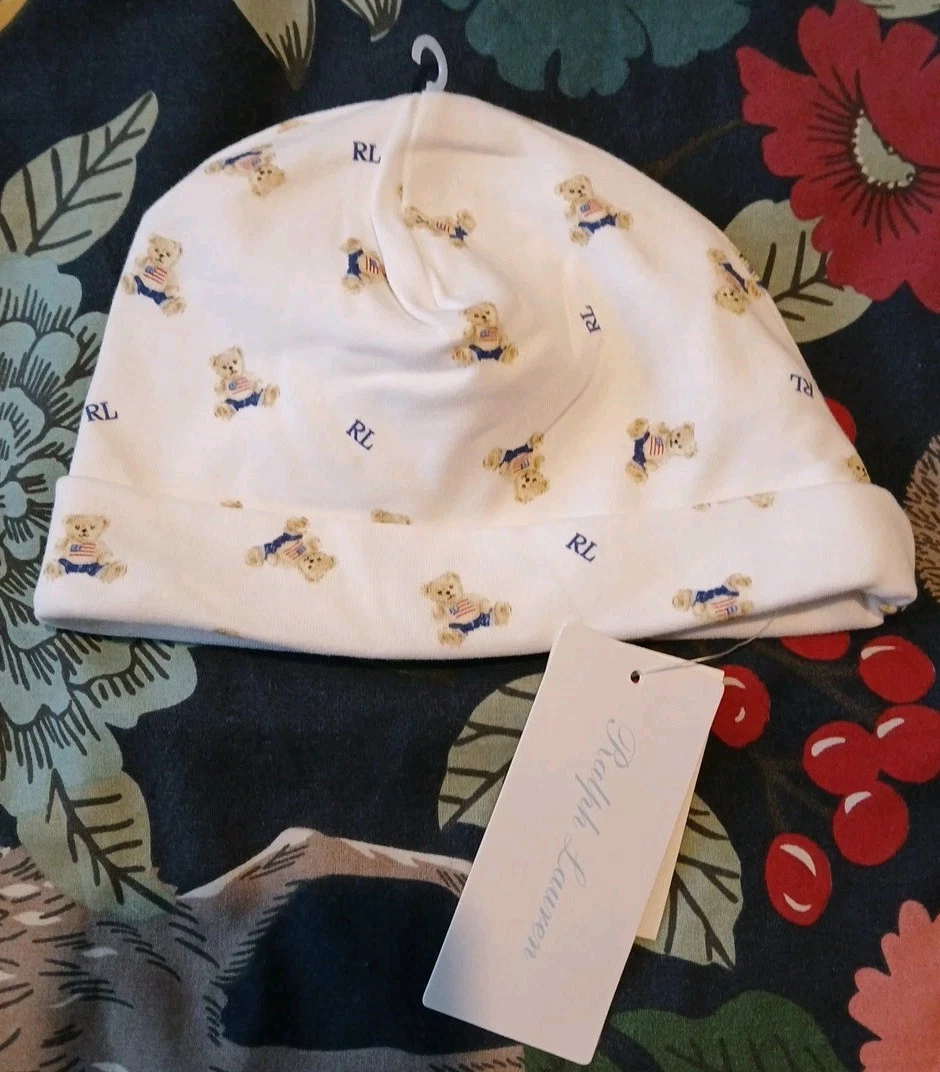 New RALPH LAUREN Baby Boy's White Mix Cotton Teddy Bear American Flag Hat O/S