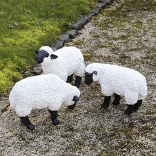 Set Of 3 Grazing Sheep Garden Ornaments White Resin Animal Outdoor Sculptures