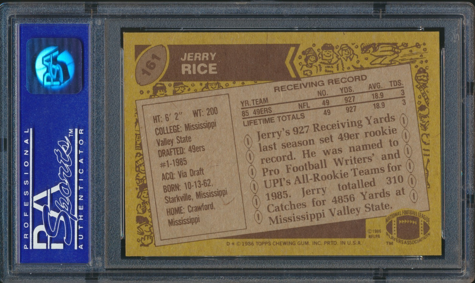 1986 TOPPS FOOTBALL #161 JERRY RICE RC PSA 8 NM-MT HOF ROOKIE view 2