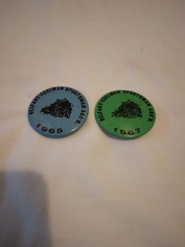 LOT /2 1965 & 67 BELFAST EDELMAN PENNSYLVANIA GUN DEER HUNTING FISHING CLUB PINS