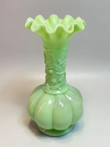 Antique French Portieux Green Opaline Molded Glass Vase