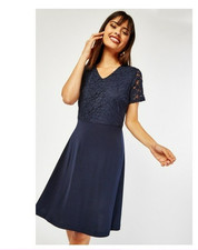 New Navy Blue LACE Colour Block Skater Flare Dress Size's 14 16 18 20