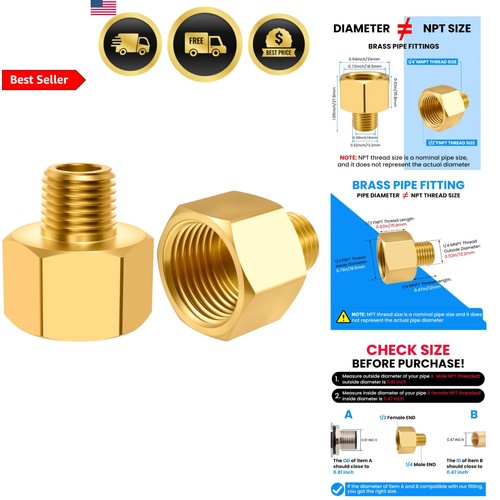 Brass Pipe Fitting Reducer Adapter 1/4 NPT Male to 1/2 NPT Female 2 Pack