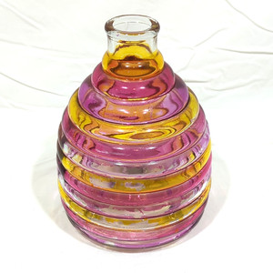 Hand Blown Glass Beehive Wasp Trap - Cranberry & Amber Ombre Ribbed Fly Catcher