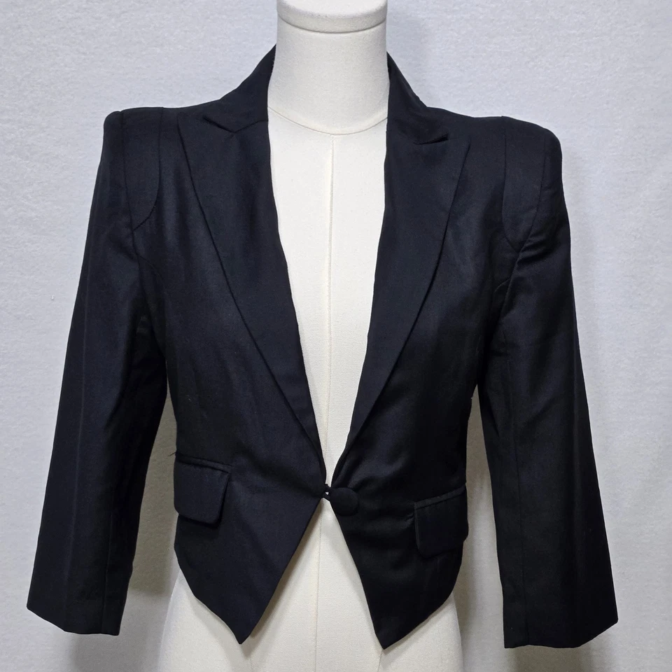 Blazer MM Couture Mujer Pequeño Negro Chaqueta Recortada Manga 3/4 Un Botón Ajustado Foto 3 de 4