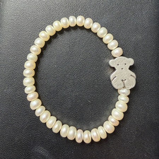 TOUS White Pearl Beaded Stretch Bracelet w/ S...