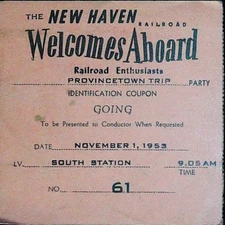 New Haven Railroad Provincetown Trip Coupon Ticket Stub South Station 11/1/1953