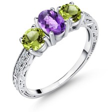 Oval Checkerboard Purple Amethyst Green Peridot 2.00 Ct 925 Sterling Silver Ring