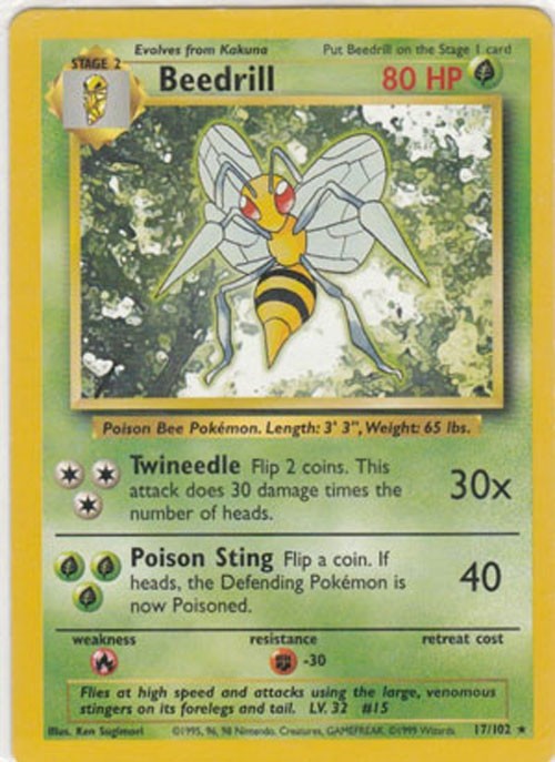 Pokemon Card - Base 17/102 - BEEDRILL (rare) *Played*