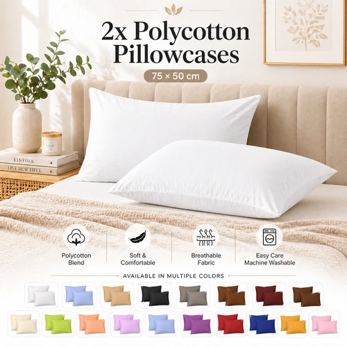 2X Polycotton Pillowcases Housewife Pair of Pillow Cases Covers Standard Size