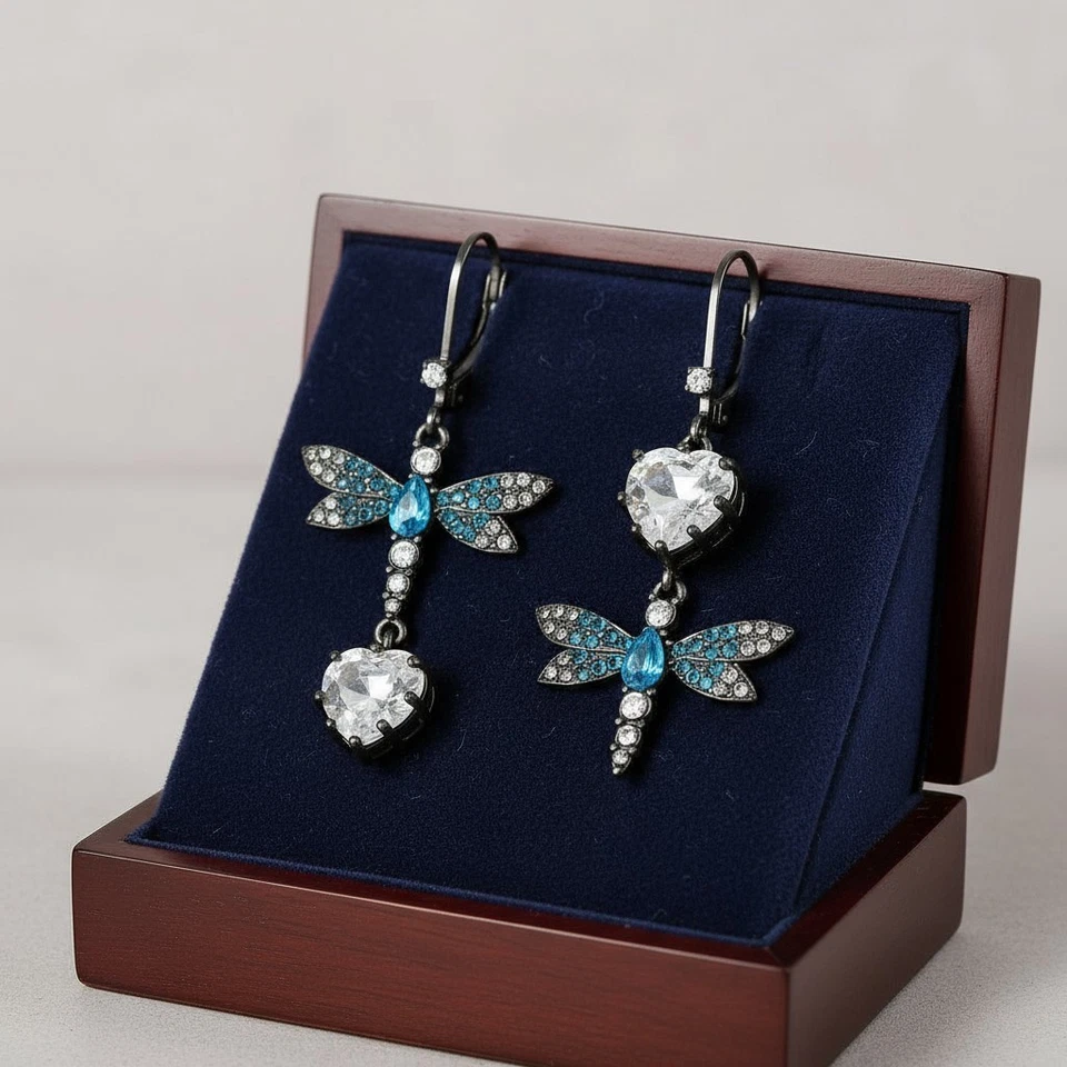 Betsey Johnson CZ & Butterfly Double Mismatch Drop Earrings Perfect Gift - Image 2 of 4