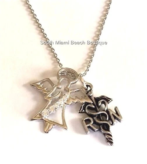 HERMÈS Collana Infermieristica RN Caduceo 18" Cubic Zirconia Angelo Infermiera Regalo Laurea USA