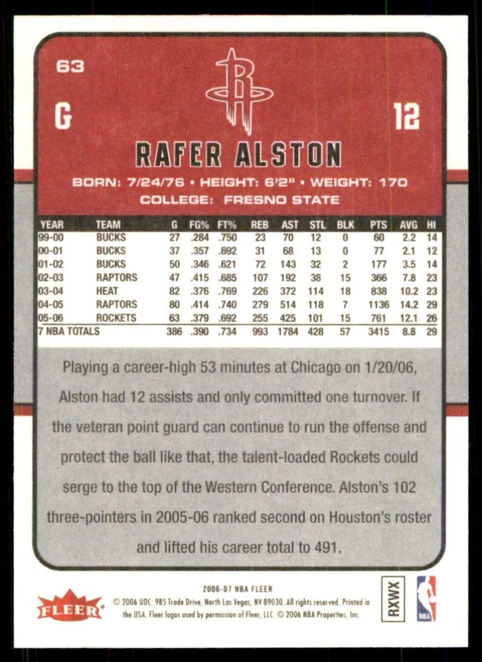 Fleer: Rafer Alston Houston Rockets #63 2006-07 Foto 2 de 2