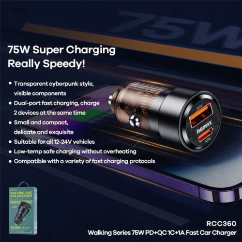 REMAX 75W PD+QC Fast Car Charger Adapter USB Type C 2 Ports For Iphone Samsung - Picture 2 of 6