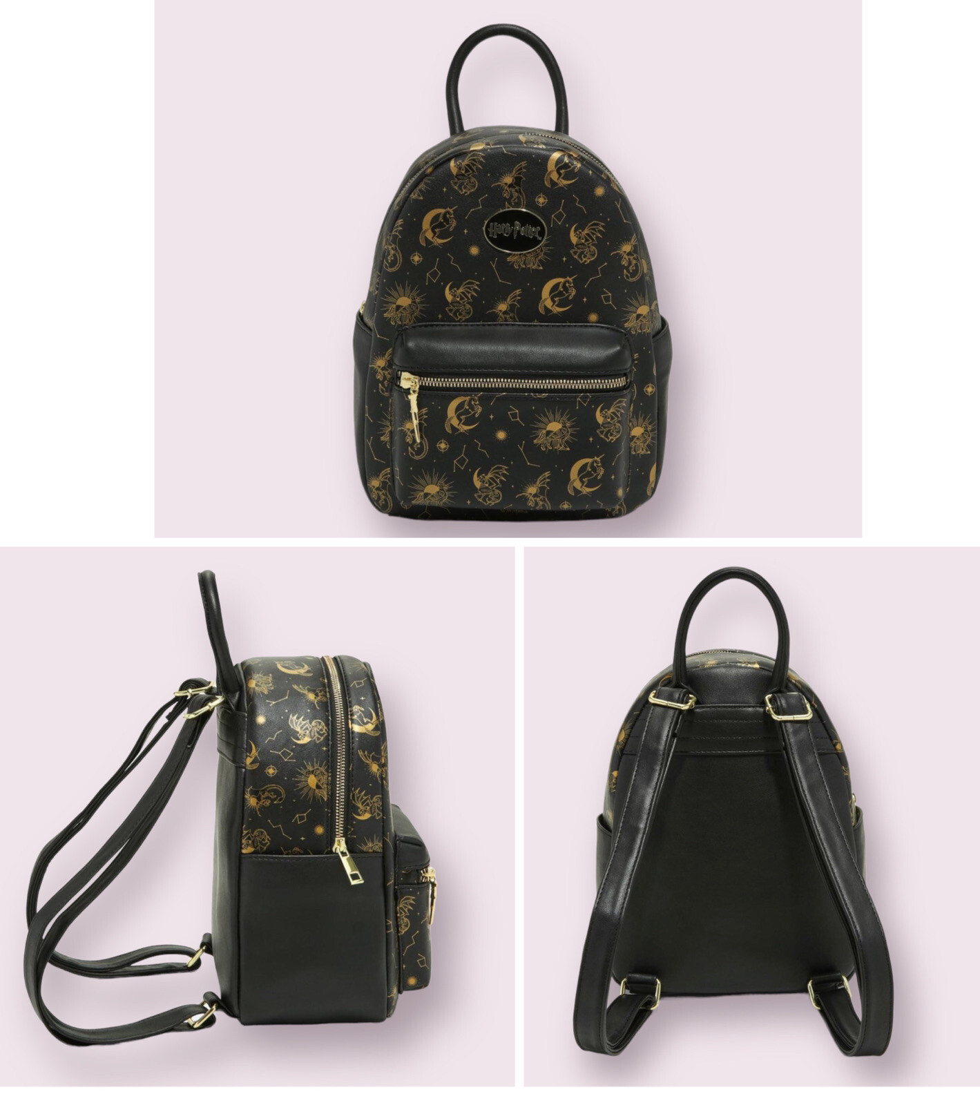 Harry Potter Celestial Magical Creatures Mini Backpack 7x5x11 in Black Gold