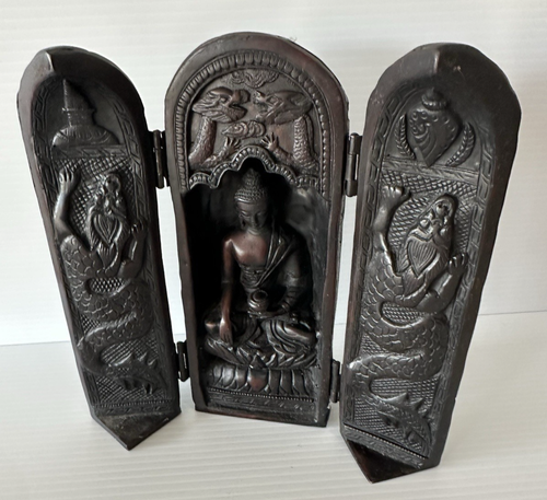 Vintage Folding Buddha Triptych Buddhist Altar Black resin