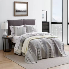 Fairview 3-Piece Gray Plaid Cotton Full/Queen Quilt Set