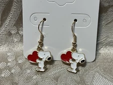 Snoopy Gold Loop Enamel Drop Dangle Adorable Earring Set
