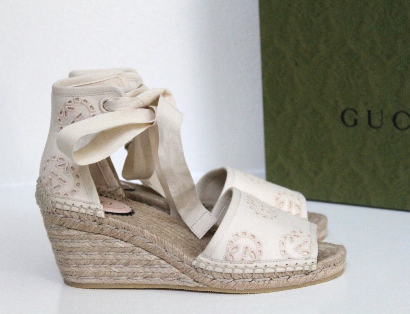 pointure 7,5 / 37,5 Gucci ivoire espadrille Damita GG talon compensé cheville wrap sandale chaussure