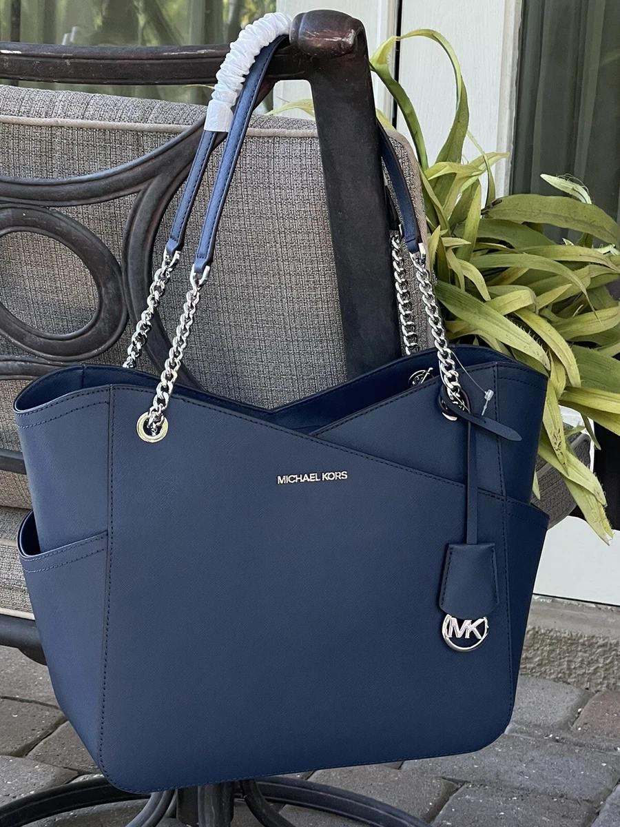 Michael Kors Jet Set Travel Large Chain Shoulder Leather Tote Bag Navy