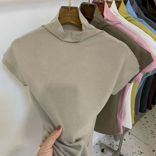 Mujeres Top Mangas Cortas Camiseta Cuello de Tortuga Calce Ajustado Blusa Parte Inferior - Imagen 2 de 25
