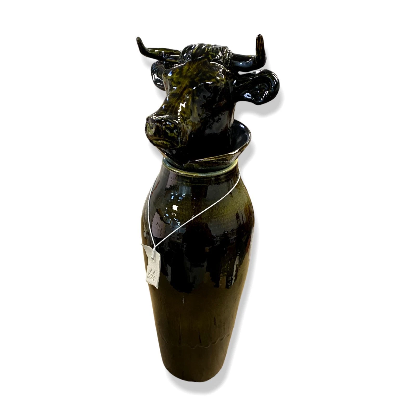 $607 AMAARO Green Black Ceramic Bull Canopic Table Decorative Ceramic Vase - 17"