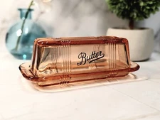 Pink Amber Depression Style Glass Butter Dish, Vintage Farmhouse Kitchenware