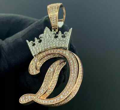 D Initial Crown Charm Pendant 4Ct Round Lab Created Diamond 14K Yellow Gold Over