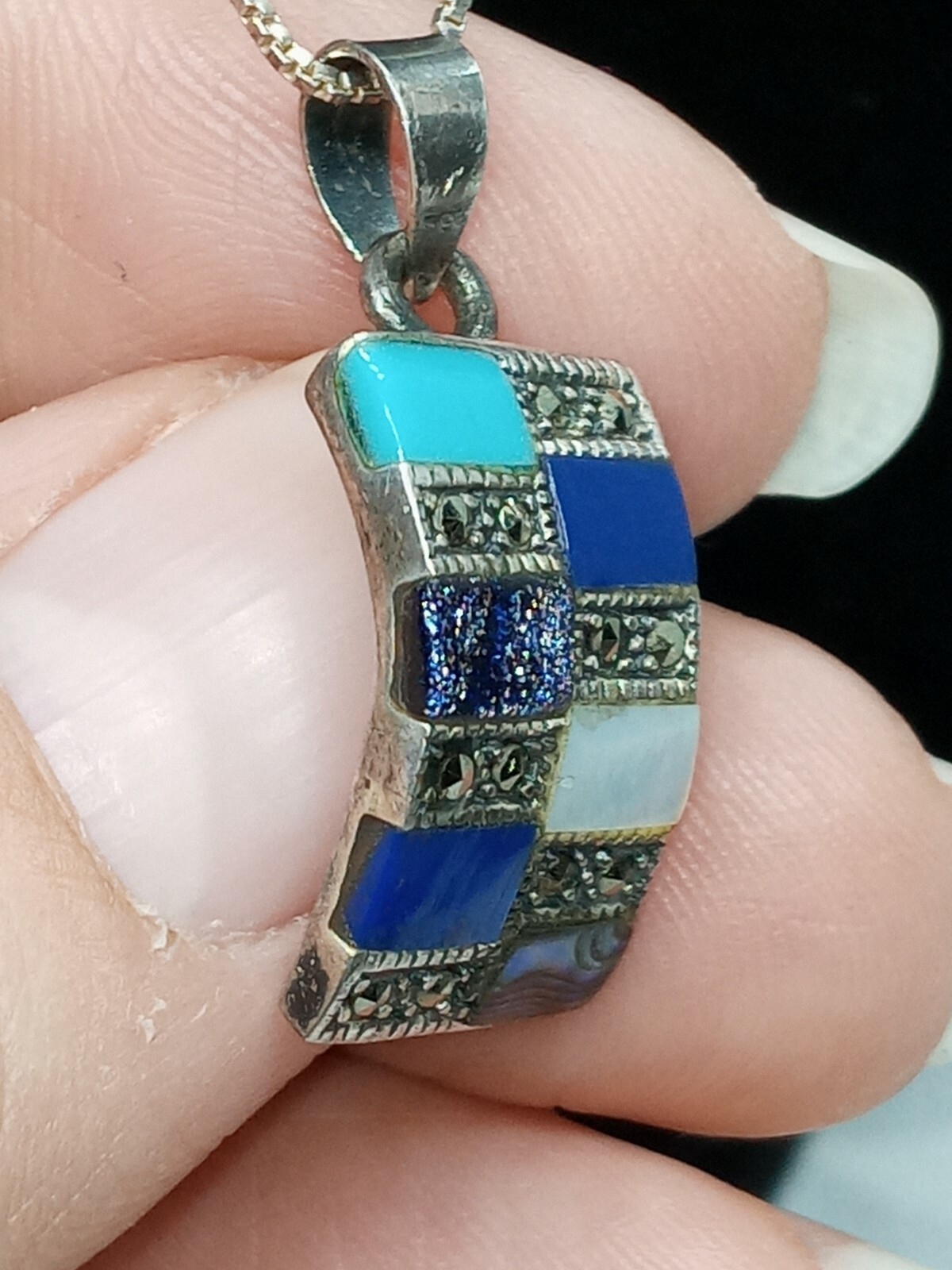 Solid Sterling Silver 18" Necklace Multi Stone Pe… - image 7