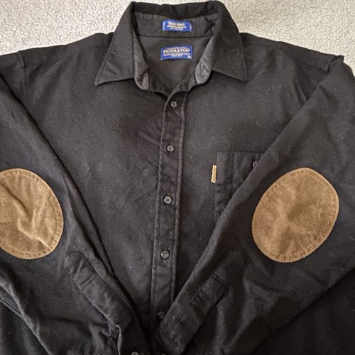 Woolrich Wool Shirt Mens XL Black Trail Shirt Virgin Wool Suede Elbow Patches - Picture 3 of 13