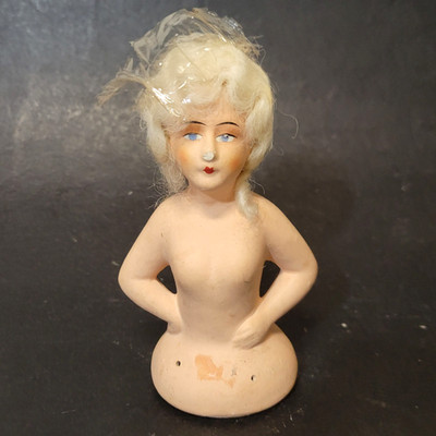 1910s German Half-Doll Painted Composition with Hair Antique Art Nouveau Deco