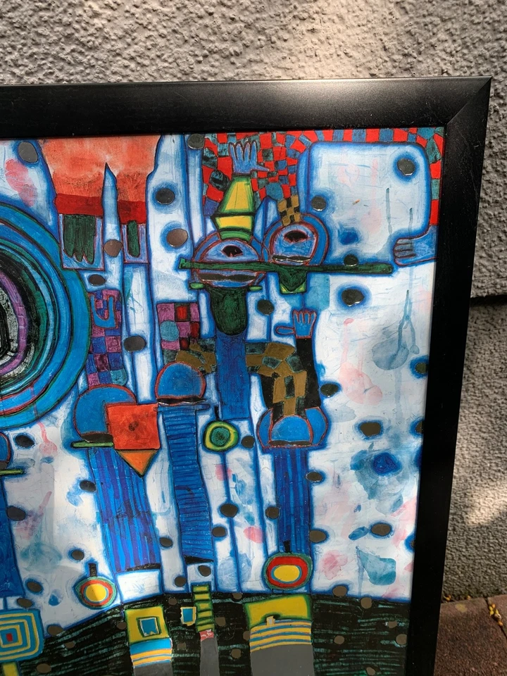 Hundertwasser Blaues Blau in Schwarzen Rahmen gerahmt 54x 45 cm Wandbild Wie Neu - Bild 3 von 4